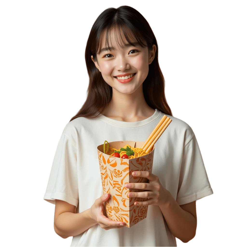 A beautiful girl hold the custom noodle box